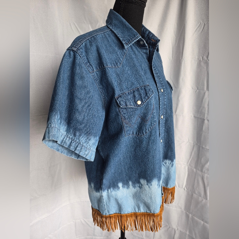 Wrangler Denim Pearl Snap Fringe Shirt Sz 16 Blue Watercolor Tie Dye Cowgirl - Picture 6 of 13